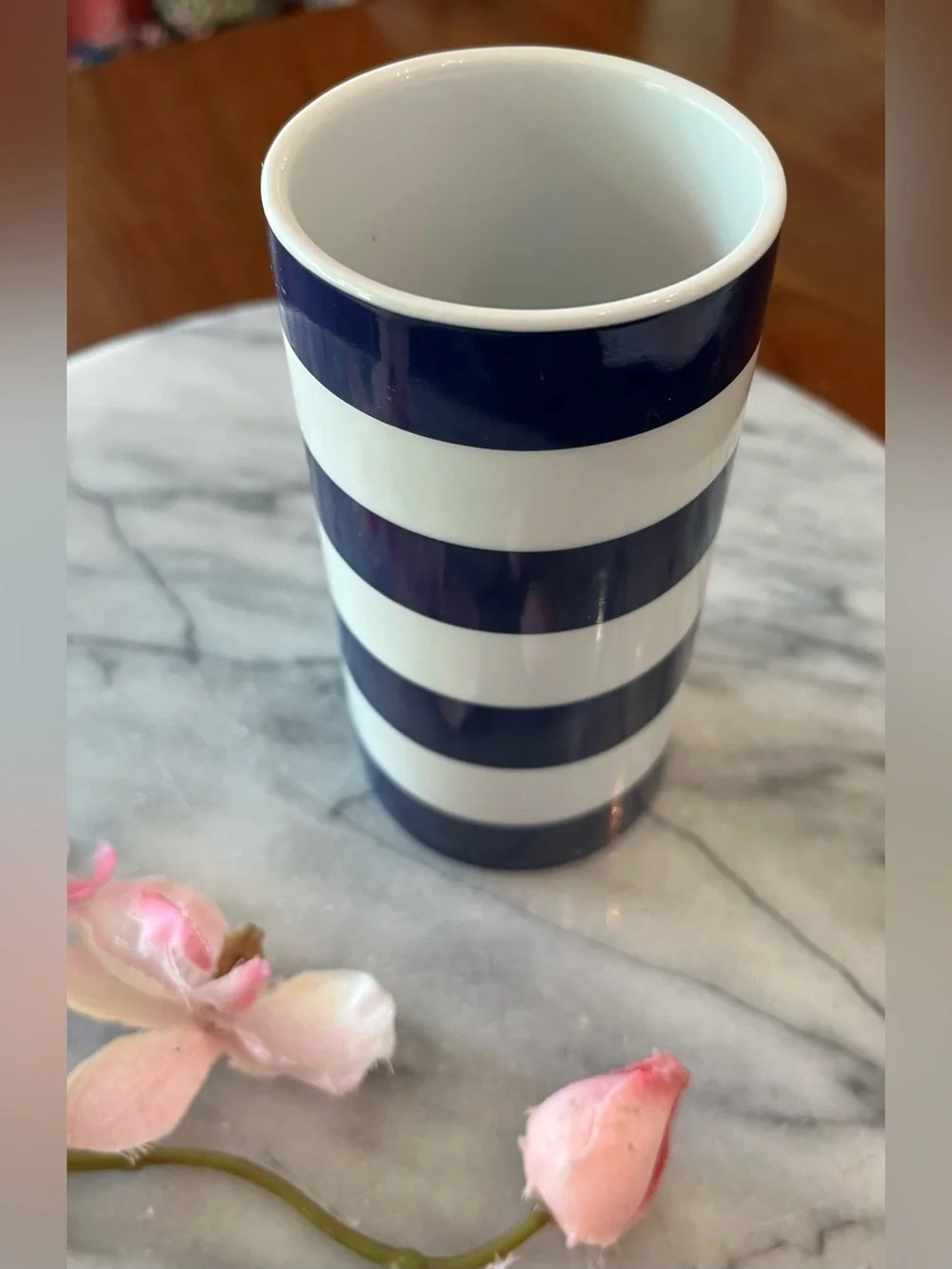 West Elm Nautical Blue & White Striped Ceramic Bud Vase / Bathroom Tumbler